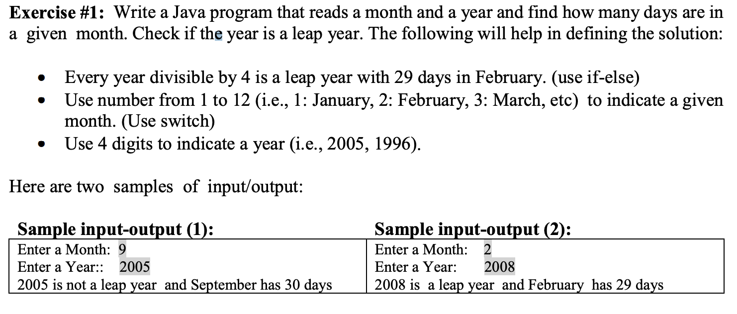 Write a Java program that reads a month and a year and