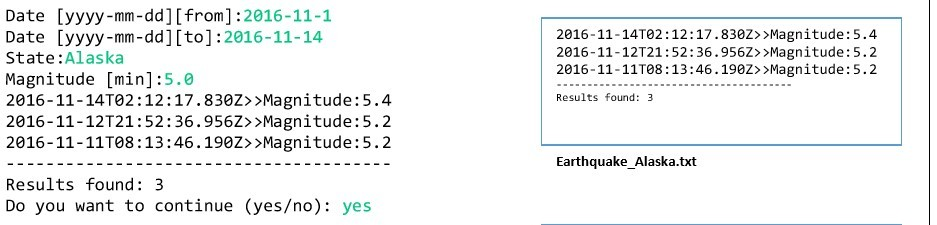 as shown above. sample run ------------------- //datetime, depth, magnitude, address, state 2020-01-10T23:45:16.3602,10,2.3,"22km