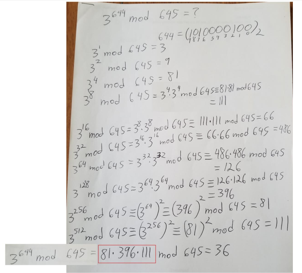 inputs: base, exponent, and divisor. The output would be the values of