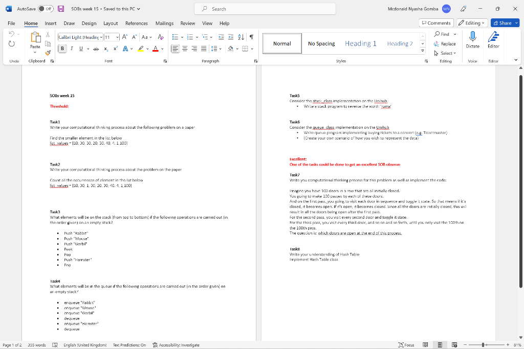 PYTHON CODE FOR THIS PLEASE sols week 15 Tesk5 Consider the stack