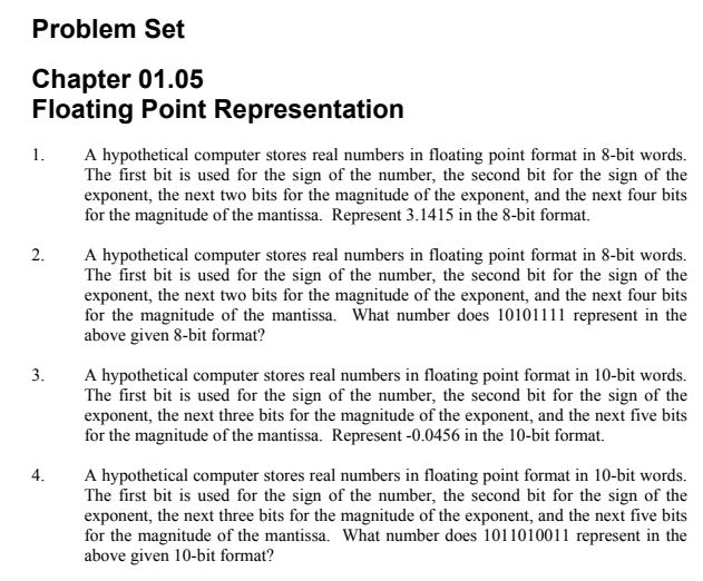 Do problem 2 only Problem Set Chapter 01.05 Floating Point Representation A