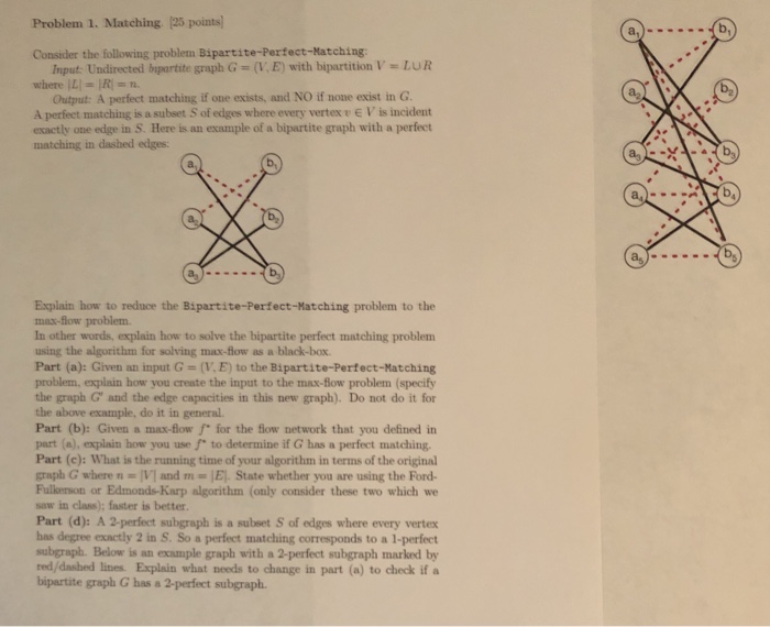  Problem 1. Matching (25 points Consider the following problem Bipartite-Perfect-Matching Input