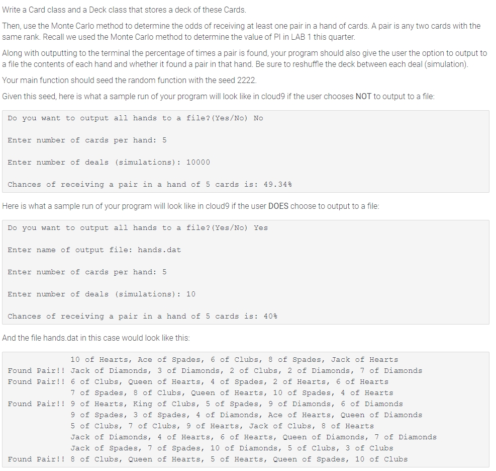 c++ help programing I need to help make Card.cpp, Deck.cpp(with out hard