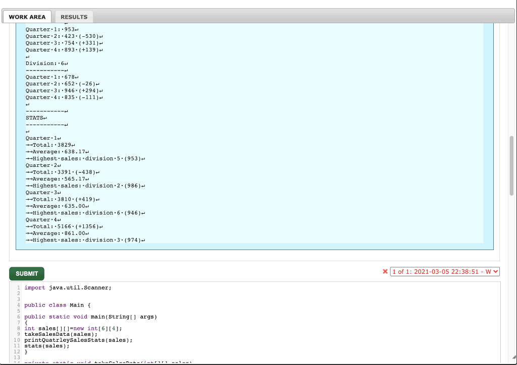 "); System.out.println("----------- LISTING ----------- "); for(int i=0;isales[i][j-1]) System.out.println(" (+"+(sales[i][j]-sales[i][j-1])+")"); else System.out.println(" ("+(sales[i][j]-sales[i][j-1])+")");