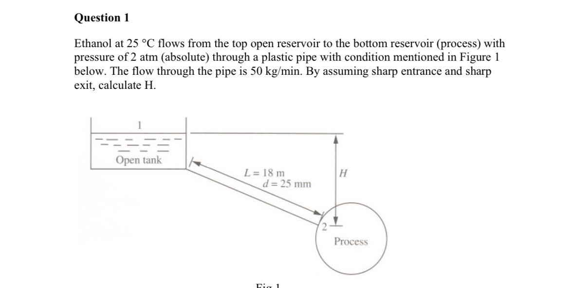  Question 1 Ethanol at 25C flows from the top open reservoir