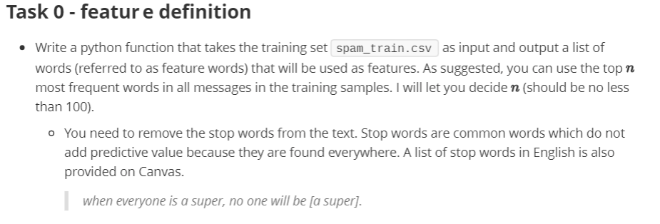  Task 0 - feature definition Write a python function that takes
