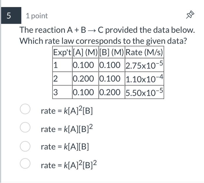  The reaction A+BC provided the data below. Which rate law corresponds