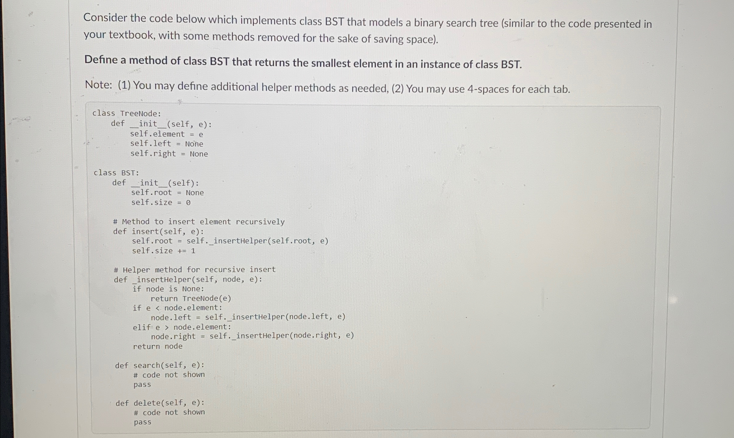  Consider the code below which implements class BST that models a