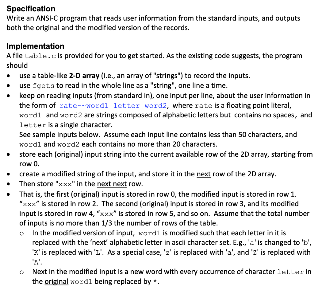  table.c #include //more header files and declarations as needed #define ROWs