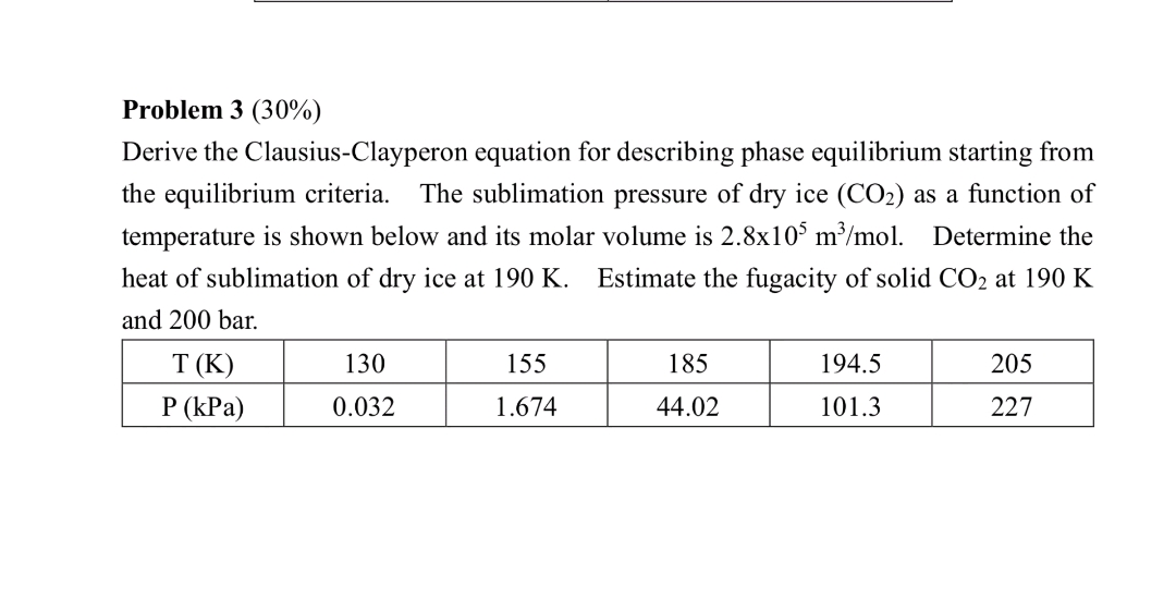  Problem 3(30%) Derive the Clausius-Clayperon equation for describing phase equilibrium starting