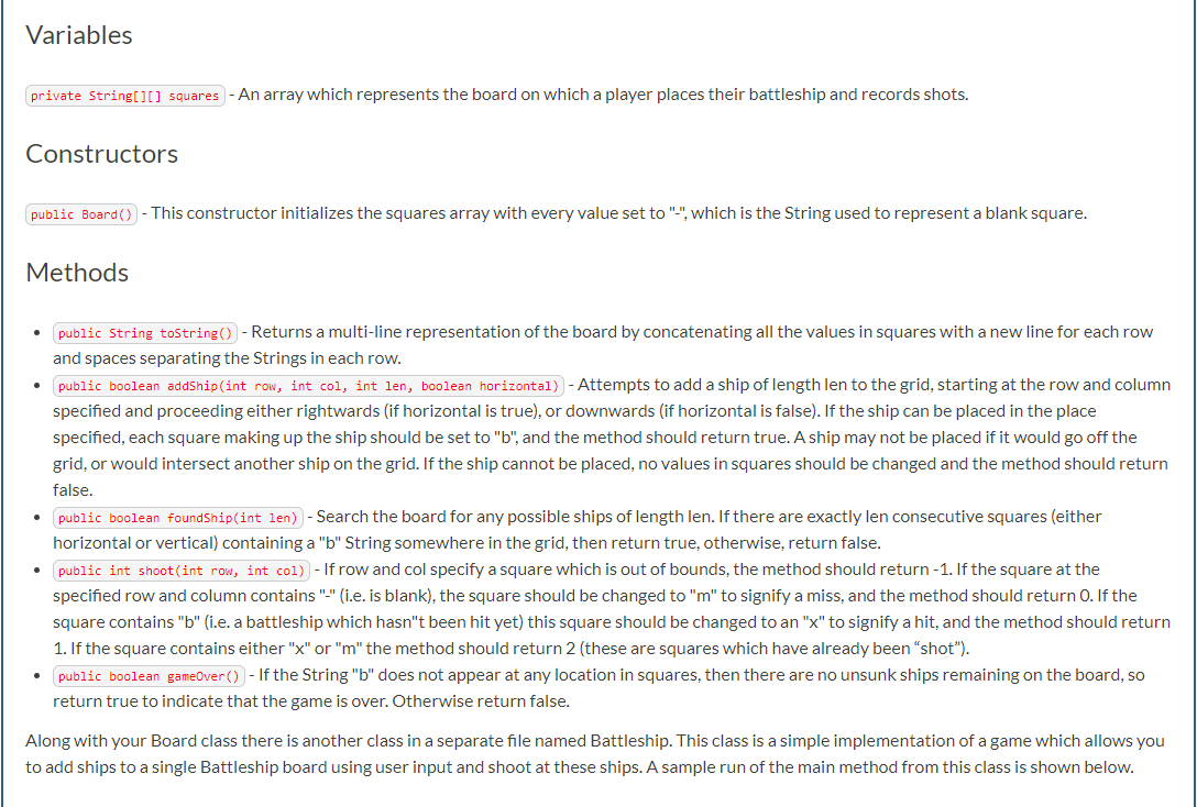 } public String toString(){ return ""; } public boolean addShip(int row, int