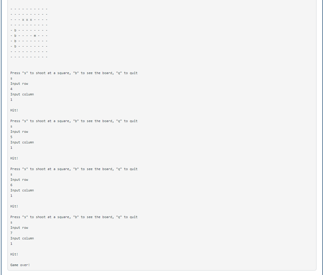 public boolean gameOver(){ return false; } } File of Battleship.java import java.util.Scanner;