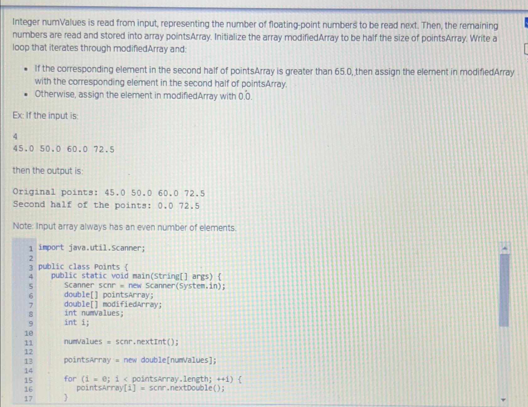  Integer numValues is read from input, representing the number of floating-point