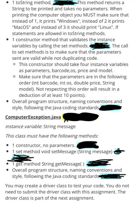 create two classes to work together. Computer.java and ComputerException.java 1 toString method,