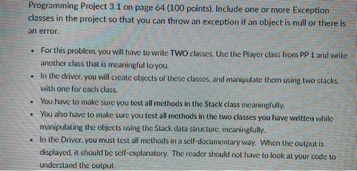 Java Eclipse Programming Project 3.1 on page 64 (100 points). Include one