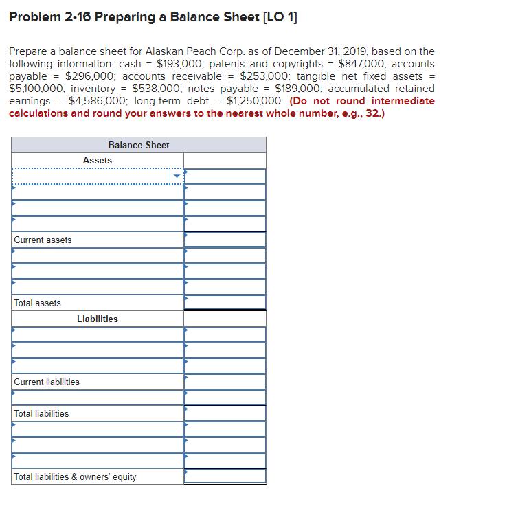  Problem 2-16 Preparing a Balance Sheet [LO 1] Prepare a balance