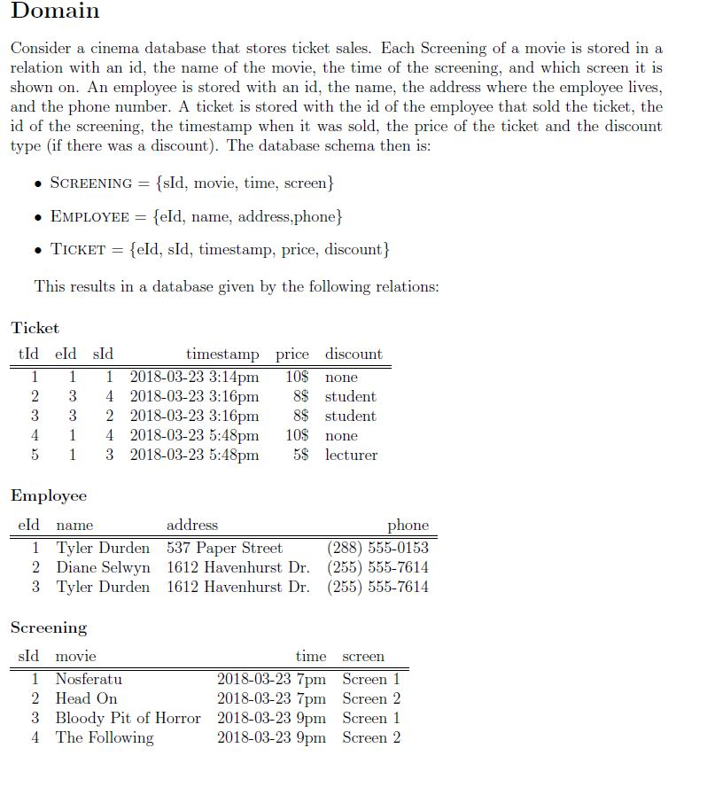  Domain Consider a cinema database that stores ticket sales. Each Screening