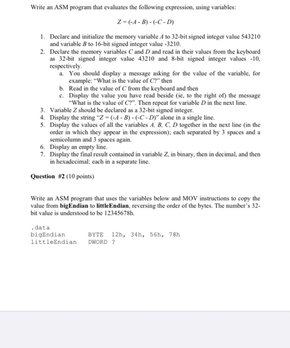  Write an ASM program that evaluates the following expression, using variables: