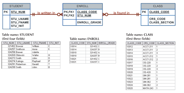  Table name: STUDENT (first four fields) Table name: ENROLL Table name: