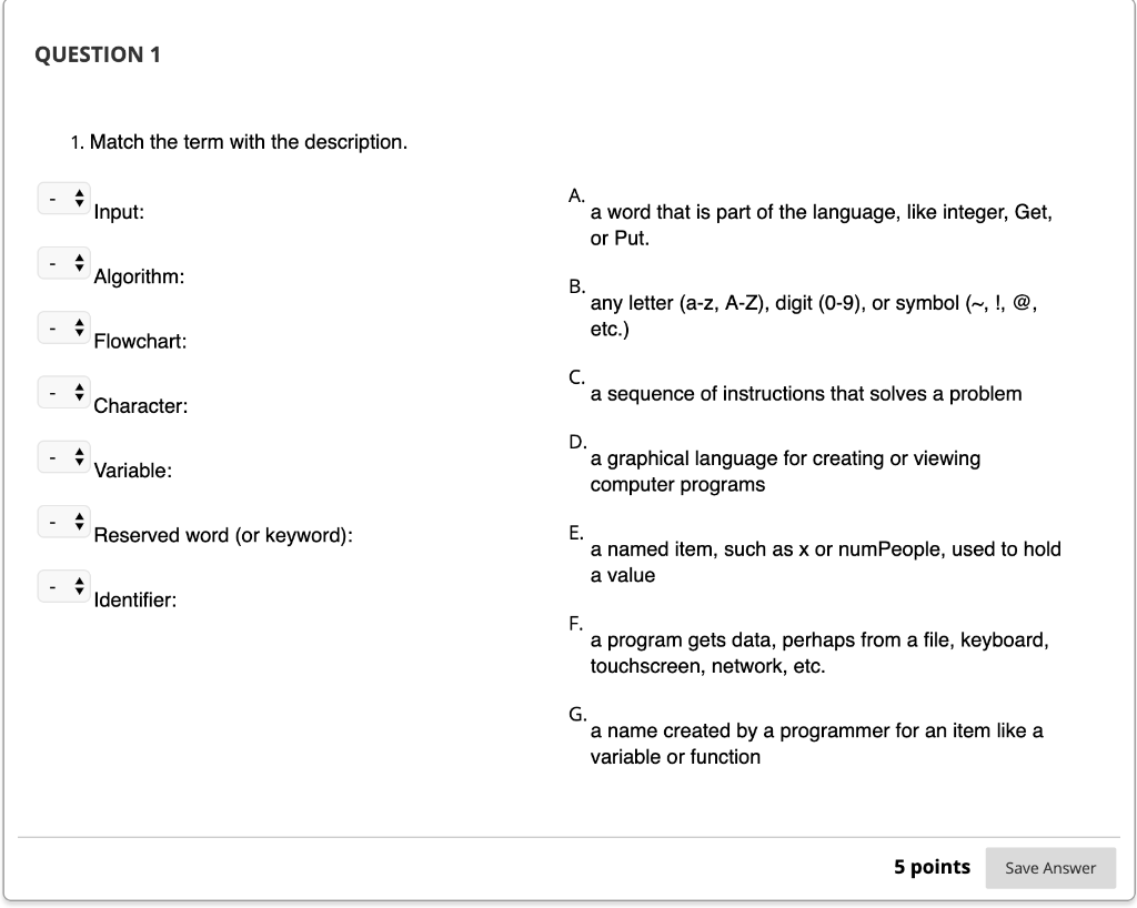 QUESTION 1 1. Match the term with the description. A. Input: