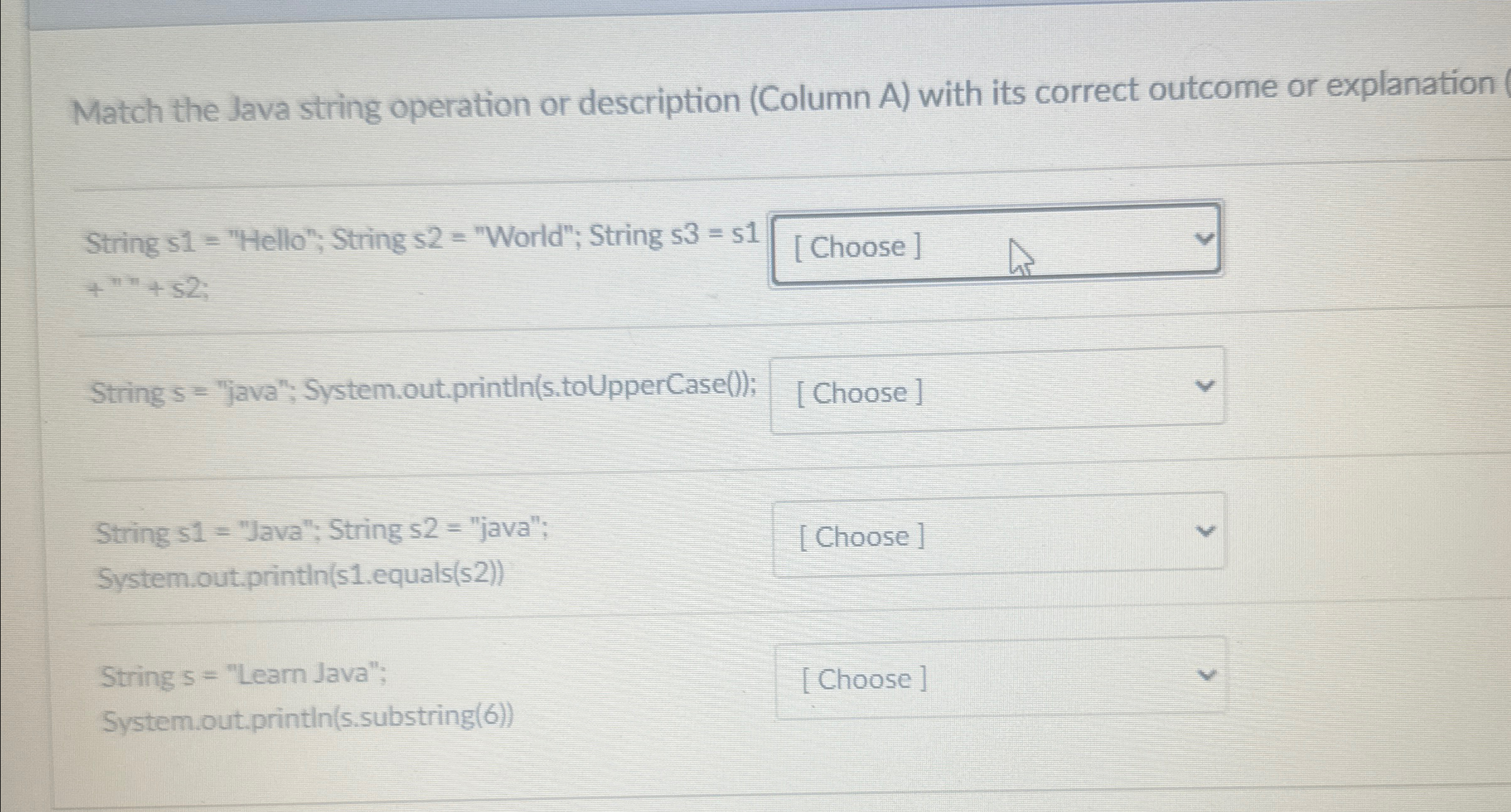  Match the Java string operation or description (Column A) with its