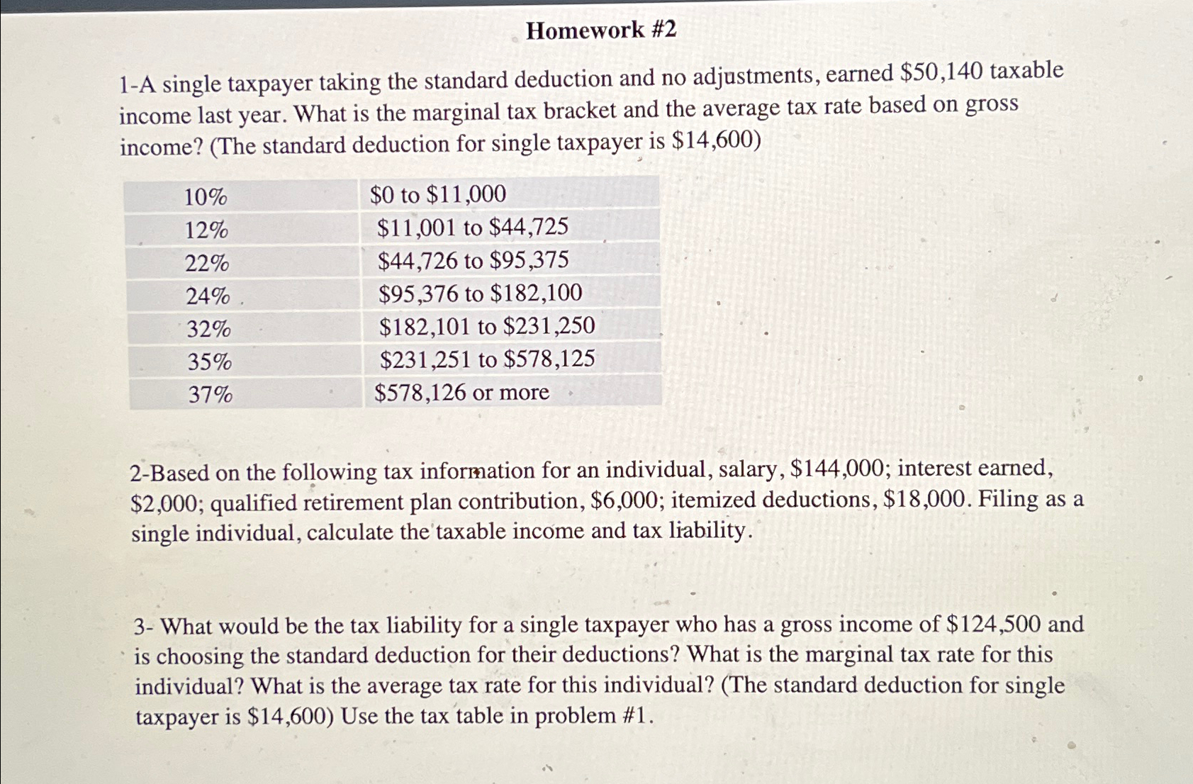  Homework #2 1-A single taxpayer taking the standard deduction and no