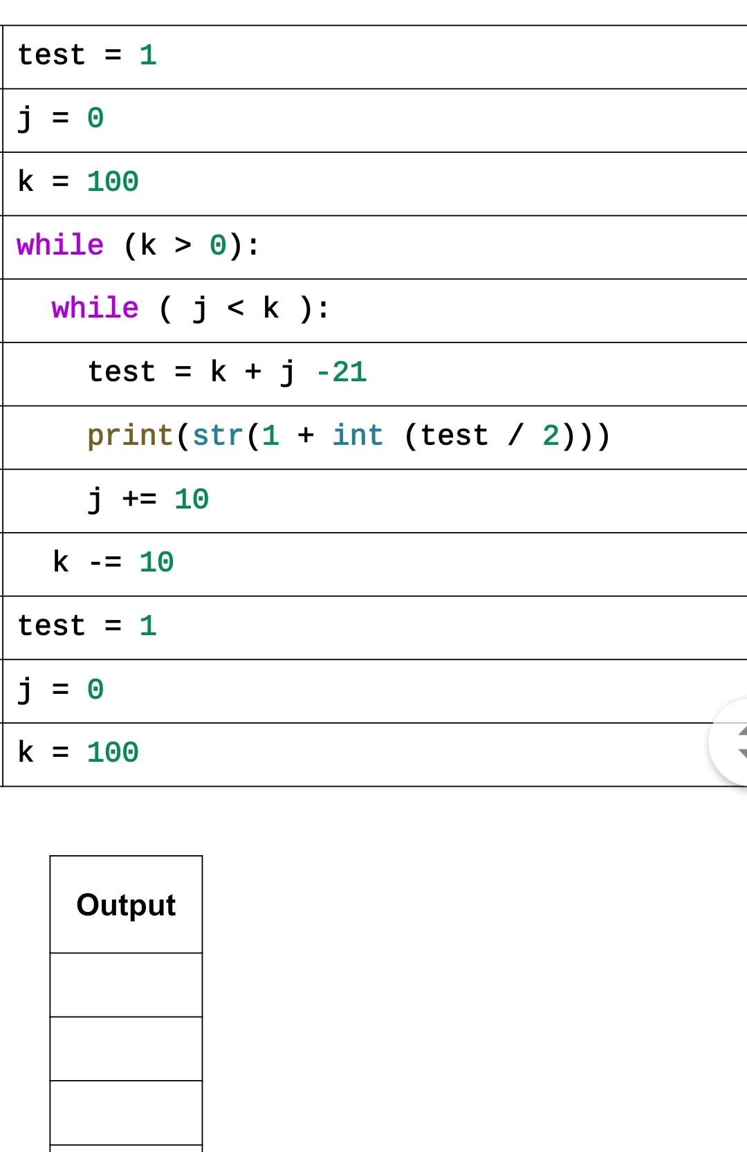  test=1j=0k=100while(k>0):while(j