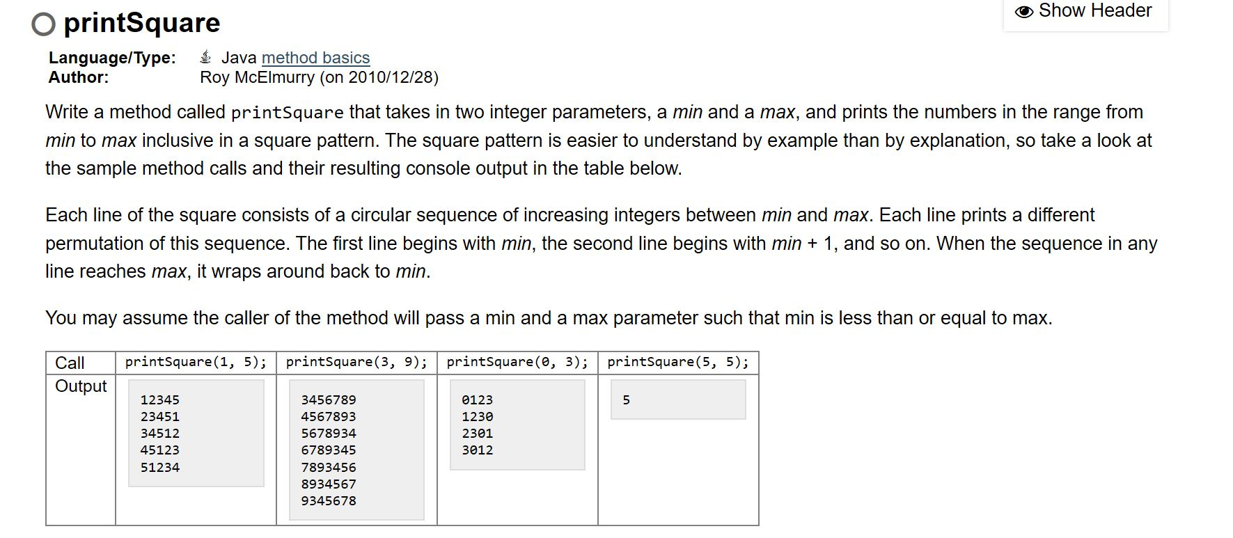  Show Header O printSquare Language/Type: $ Java method basics Author: Roy