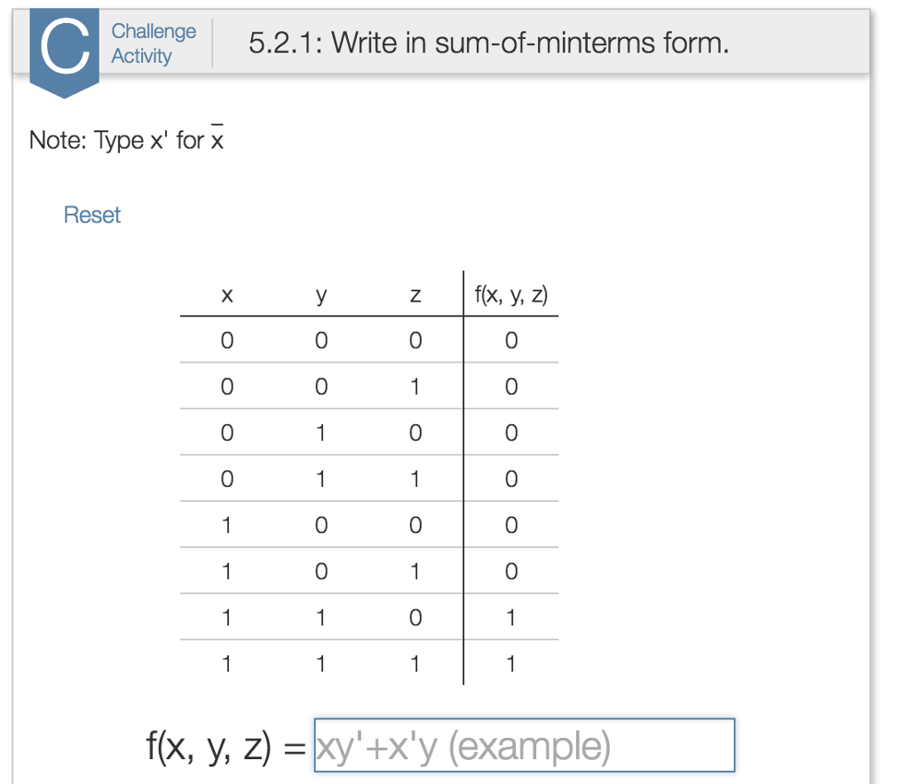 Challenge 5.2.1: Write in sum-of-minterms form Activity Note: Type x' for