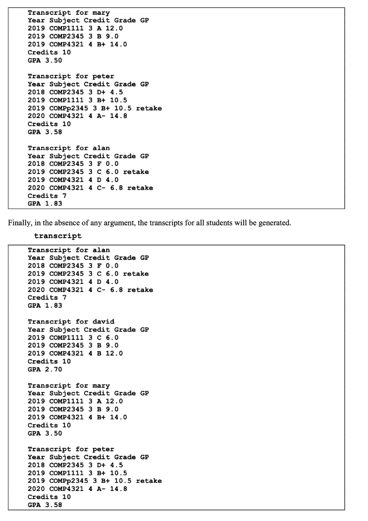 ( bash) the sample output are on the below COMP 4321 2019