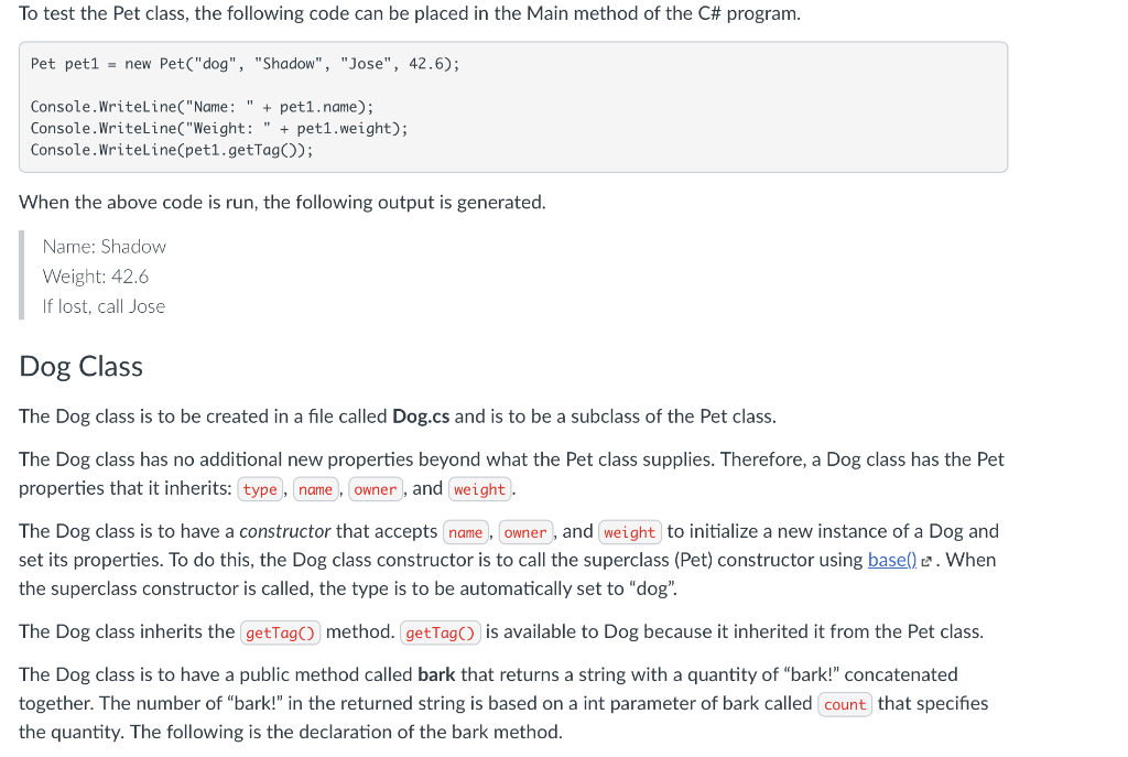 test Pet, Dog, and Cat classes in C# where Dog and Cat