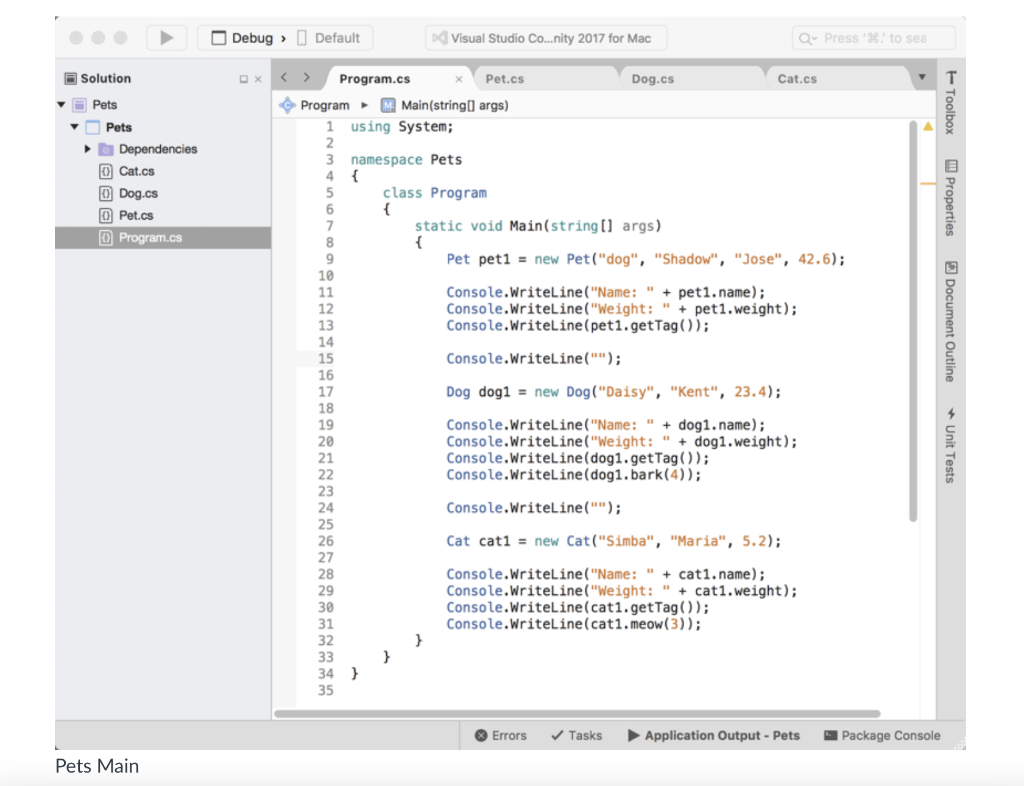 Language: C# Create a program in C# called Pets that contains Pet,