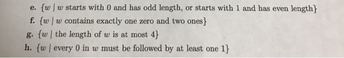  Give regular expressions generating the following languages e. {w / w