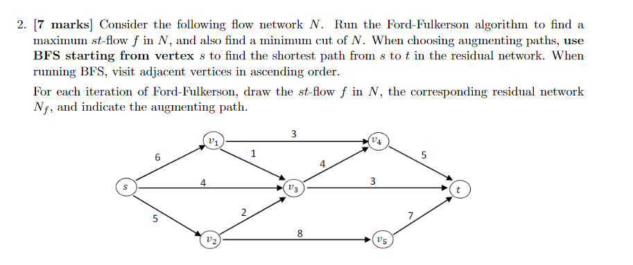  [7 marks] Consider the following flow network N. Run the Ford-Fulkerson