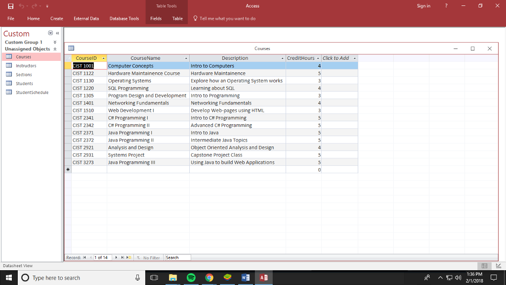  Using the database provided(Access Database is in Blackboard under Lessons/Week #3).