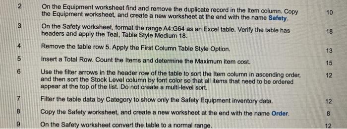 open the file named Student_MOS19_XL_PRO_3_Equipment.xlsx Save the file as Last_First_MOS19_XL_PROJ3_Equipment. On the