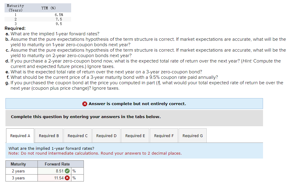  Required: a. What are the implied 1-year forward rates? b. Assume