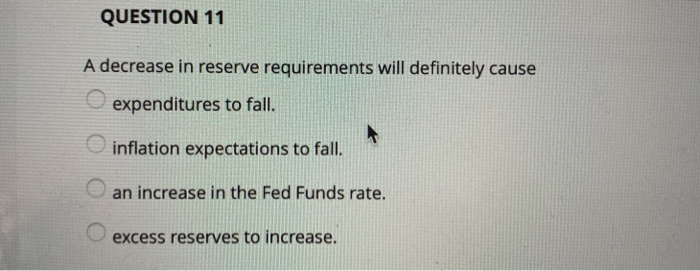 QUESTION 11 A decrease in reserve requirements will definitely cause expenditures