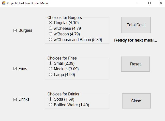 Write a program to place an order from the restaurant menu (see