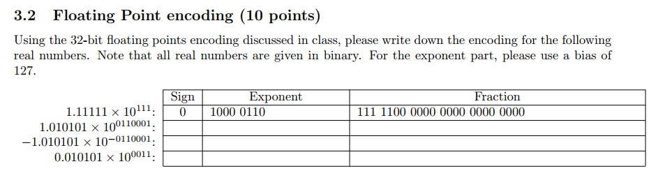  3.2 Floating Point encoding (10 points) Using the 32-bit floating points