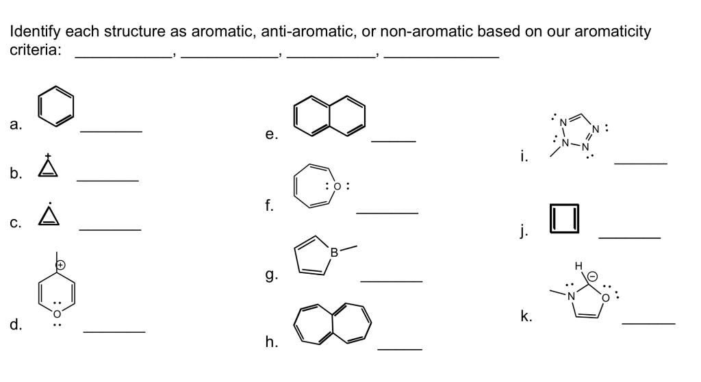  Identify each structure as aromatic, anti-aromatic, or non-aromatic based on our