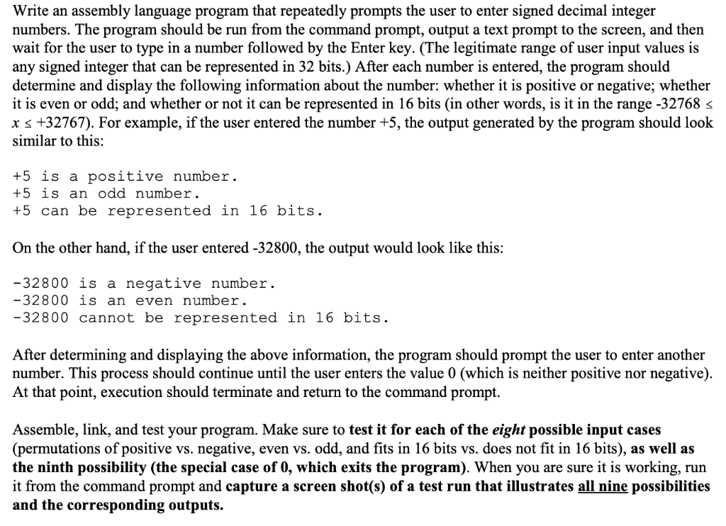  Write an assembly language program that repeatedly prompts the user to