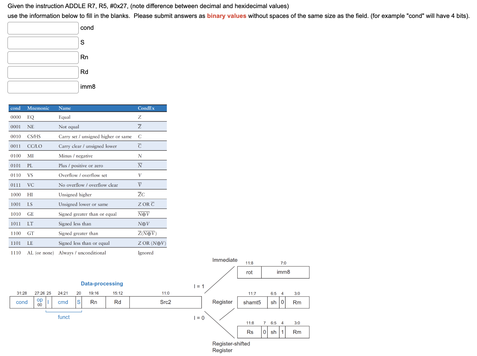  IMMEDIATE HELP NEEDED PLEASE!!! Given the instruction ADDLE R7, R5, #0x27,(note