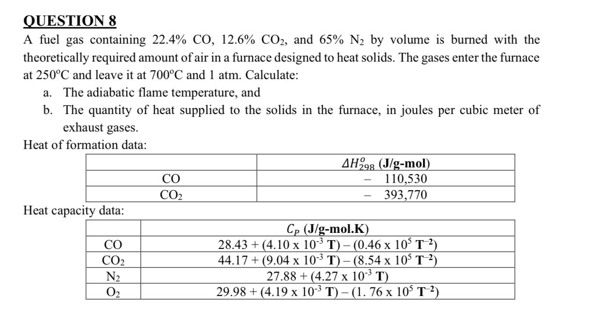 QUESTION 8 A fuel gas containing 22.4%CO,12.6%CO2, and 65%N2 by volume