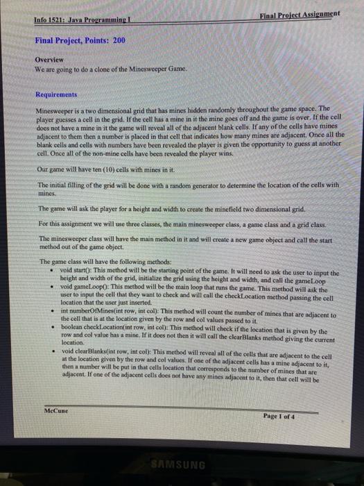  Info 1521: Java Programming I Final Project Assignment Final Project, Points: