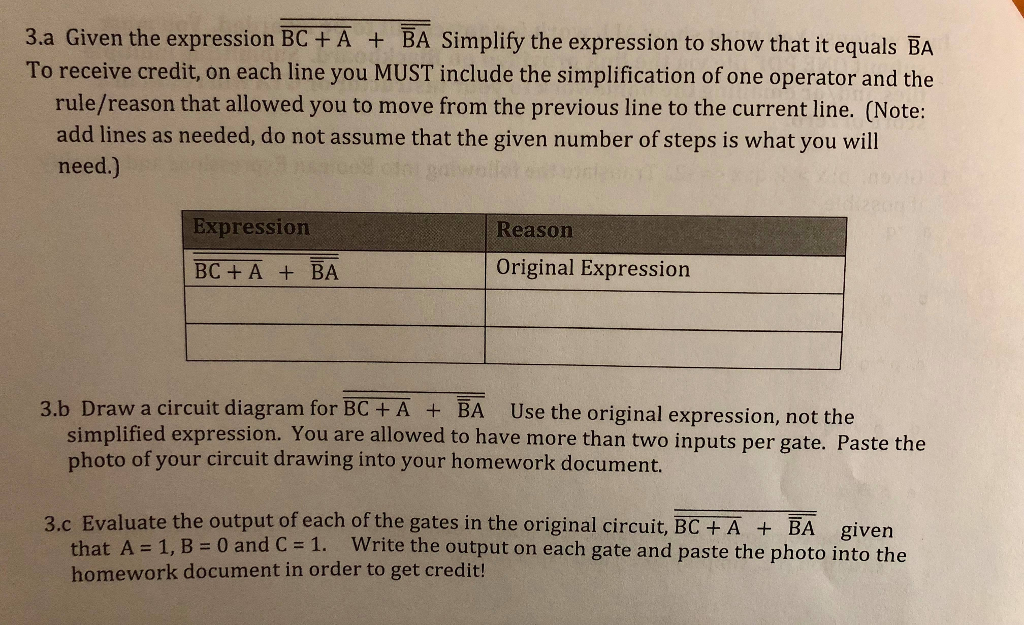  3.a Given the expression BC + A + BA Simplify the