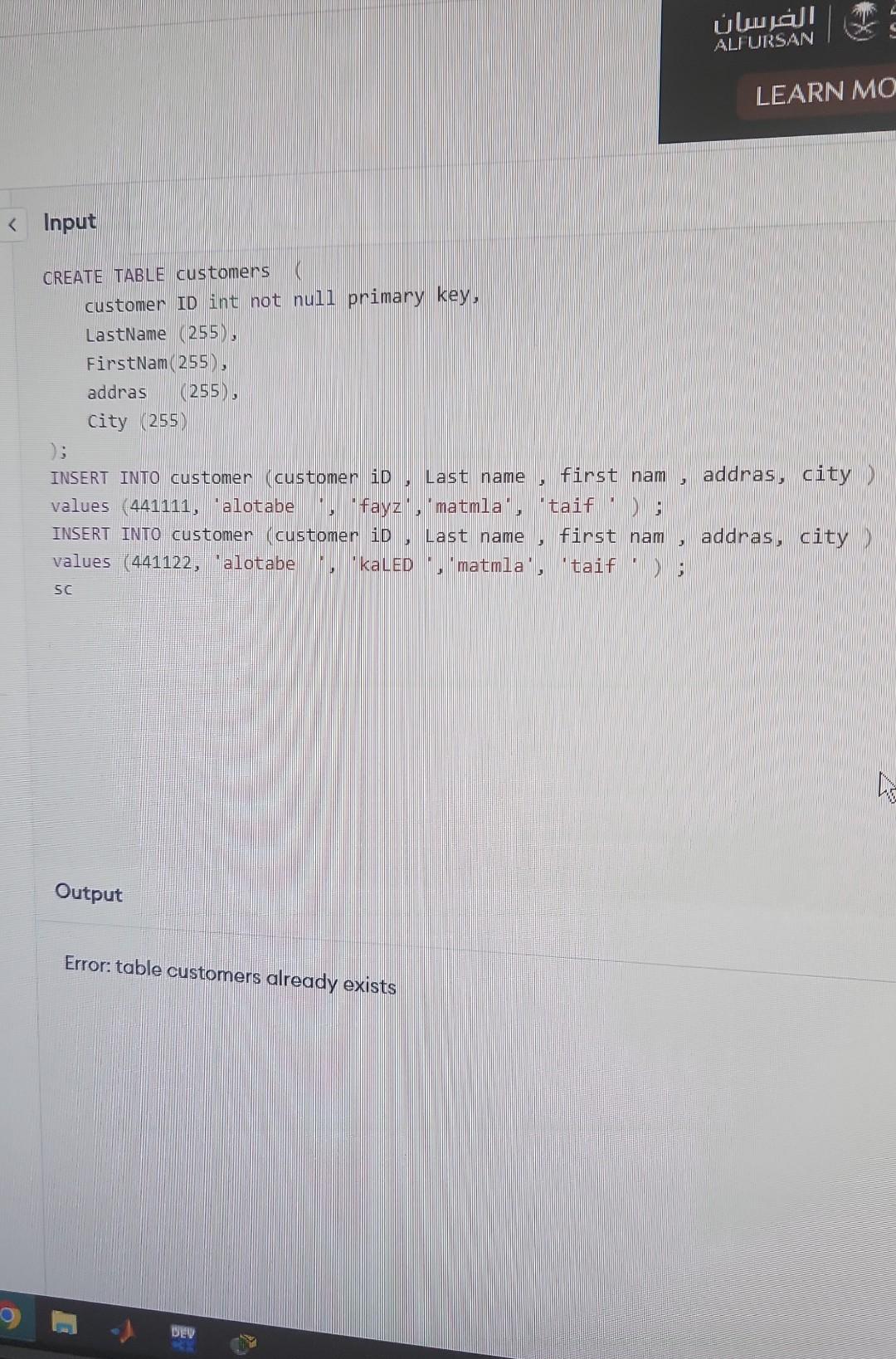 what is wrong Please type it correctly CREATE TABLE customers customer