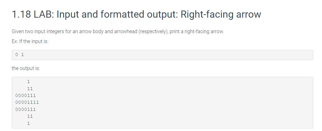  In C program 1.18 LAB: Input and formatted output: Right-facing arrow