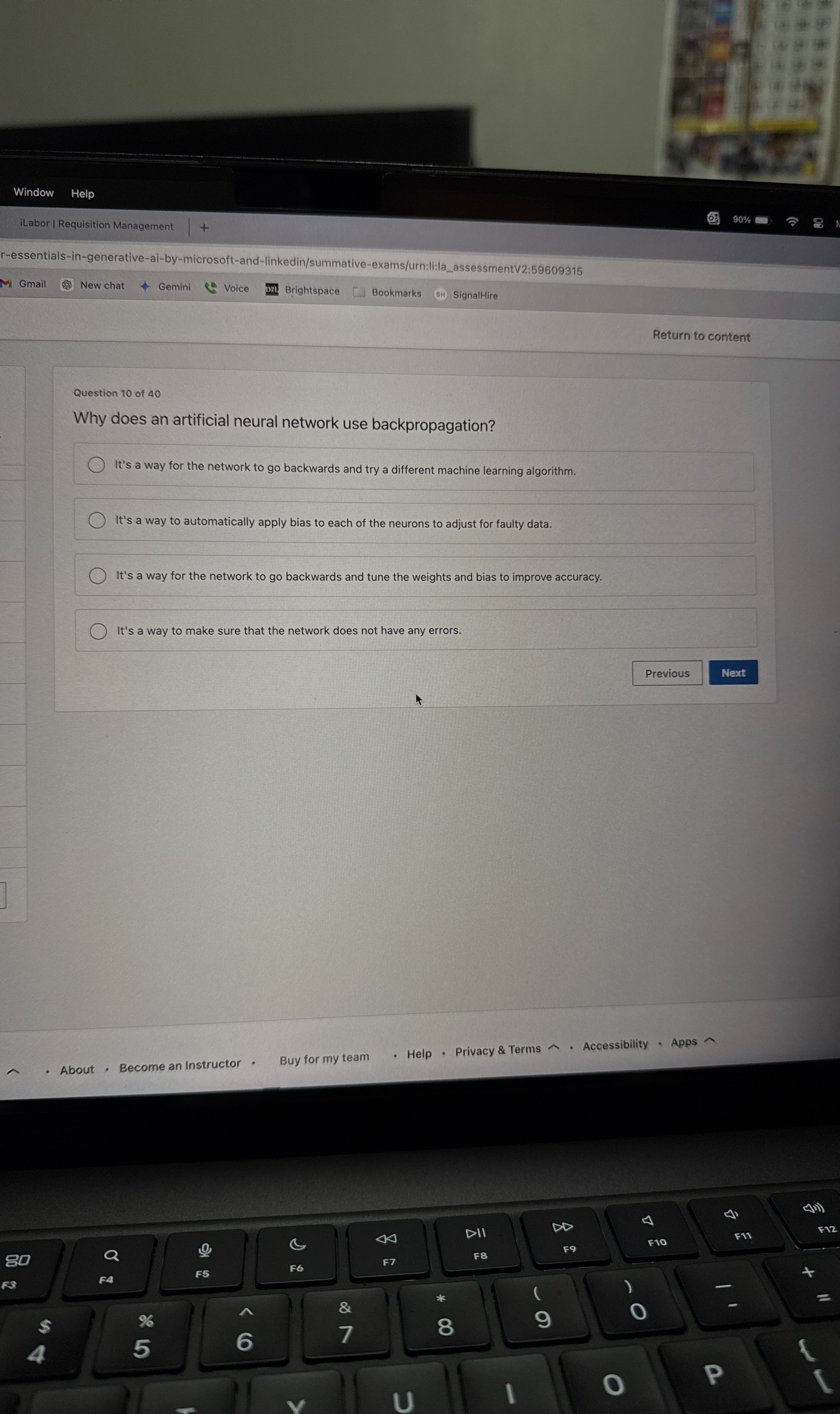  Window Help iLabor I Requisition Management r-essentials-in-generative-ai-by-microsoft-and-linkedin/summative-exams/urn:li:la_assessmentV2:59609315 Gmail New chat Gemini
