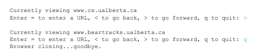 a new website address), (forward button), or 'q' to quit the browser